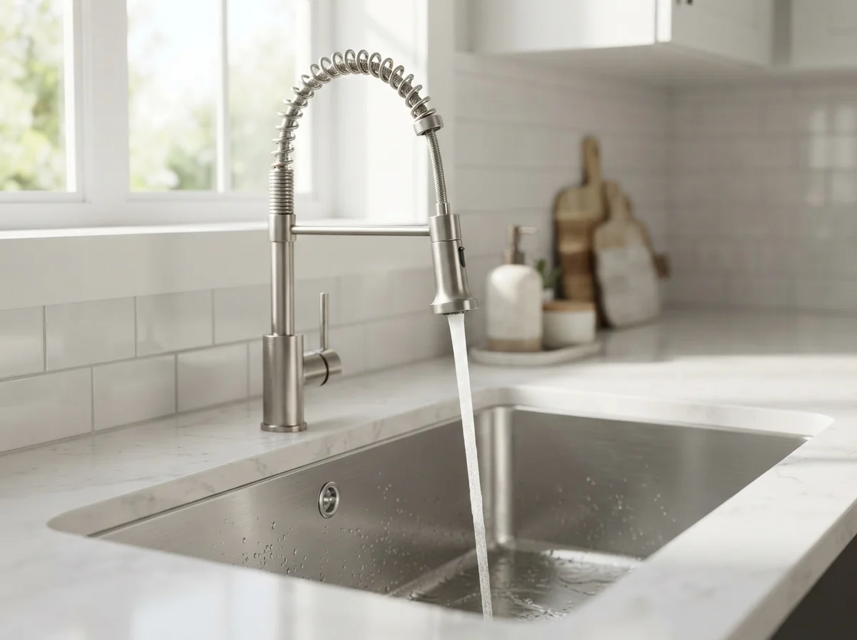 Modern brushed nickel pull-down kitchen faucet and undermount sink in Taylors, SC