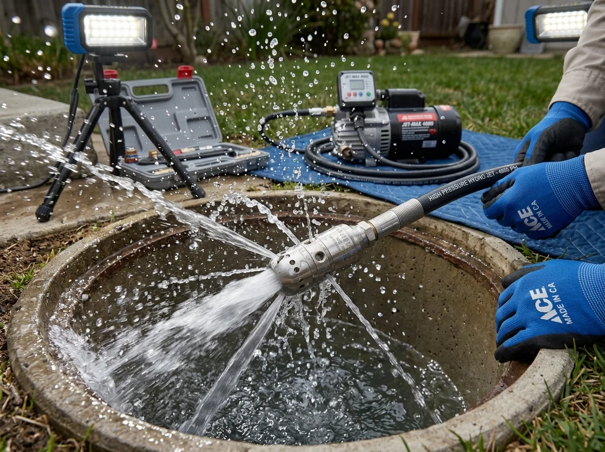 High-pressure 4000 PSI hydro jetting nozzle scouring tree roots and grease in Taylors, SC