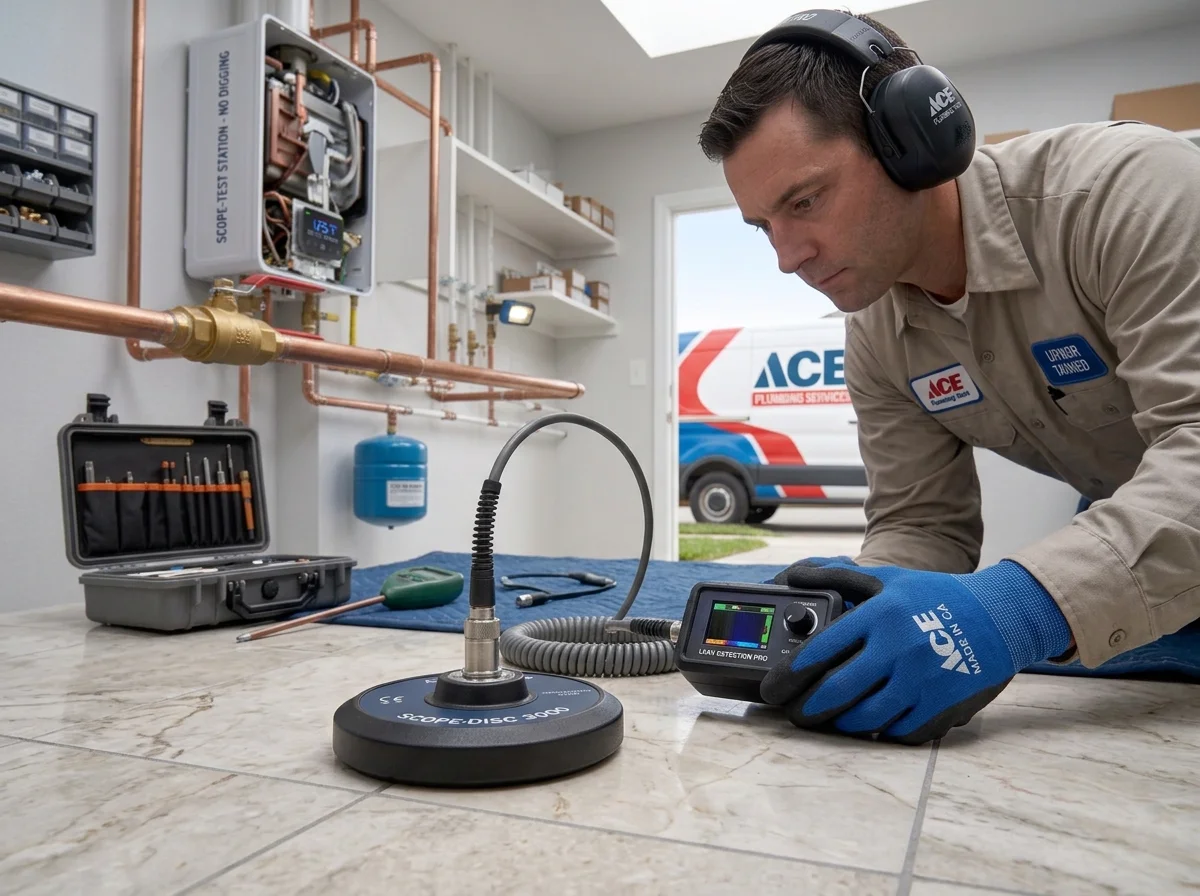 Electronic acoustic listening ground disc detecting concealed sub-slab water leaks in Taylors, SC