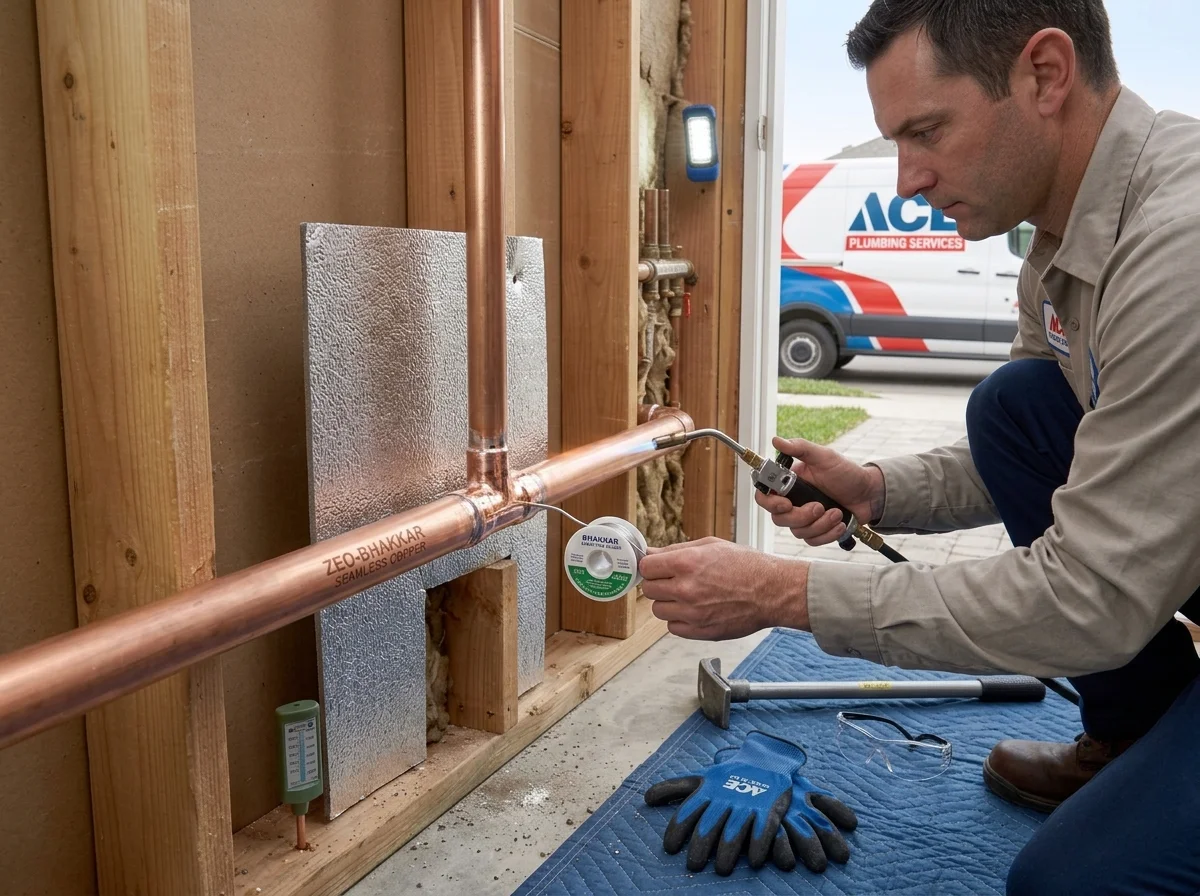 Plumbing specialist soldering copper pipe fittings with heat shield in Taylors, SC