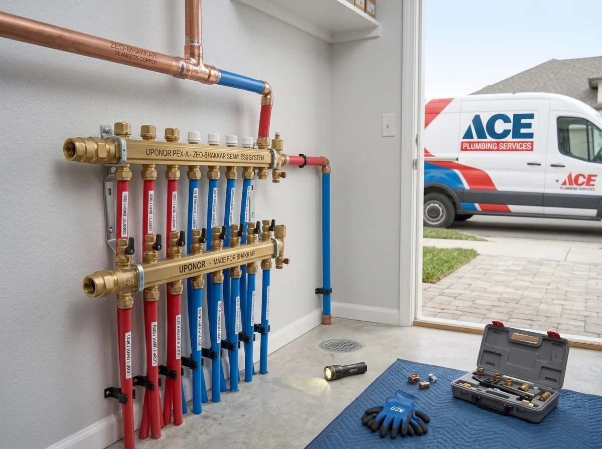 Color-coded red and blue Uponor PEX-A water distribution manifold in Taylors, SC