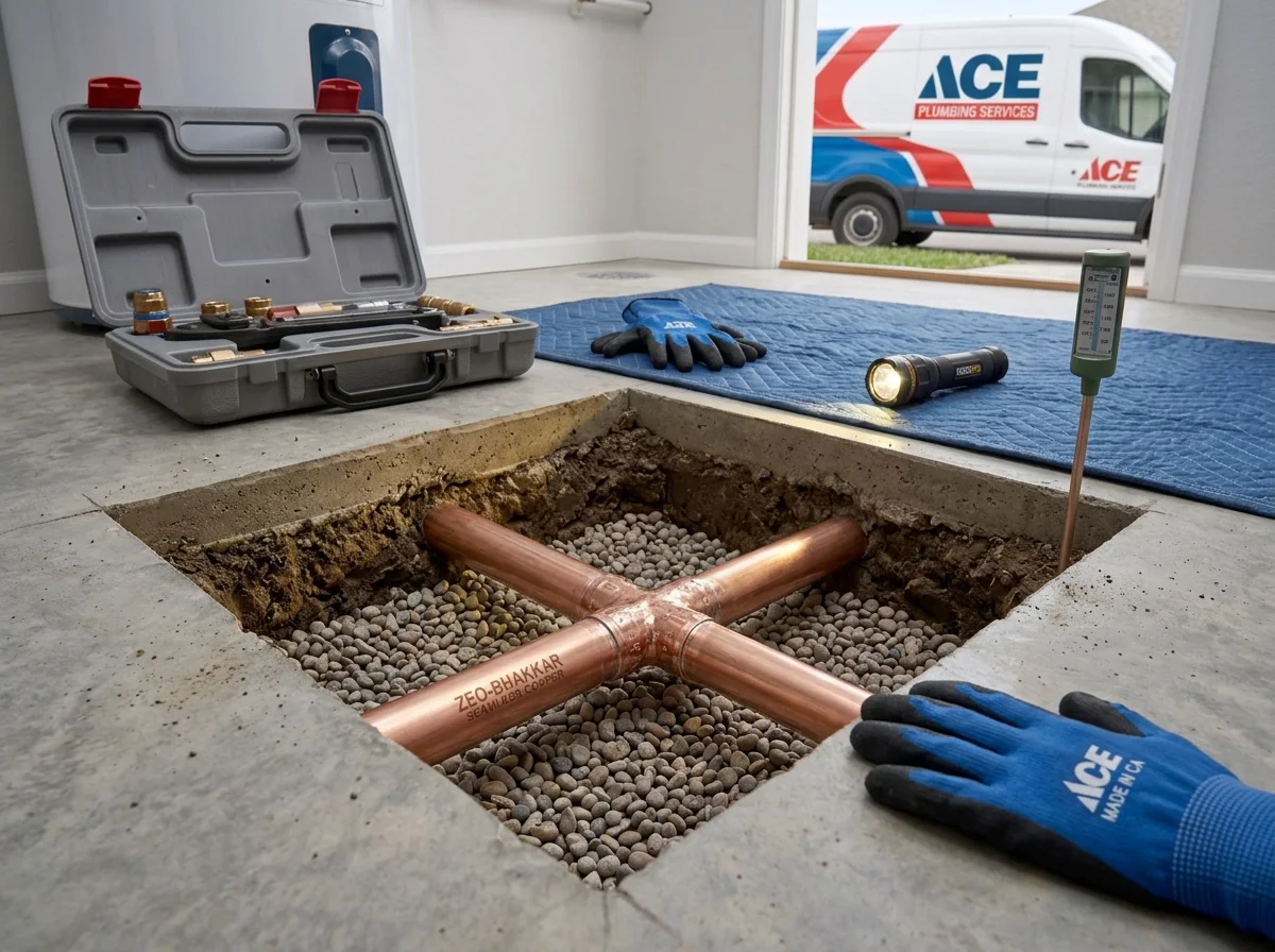 Under-slab copper water pipe prepared for overhead PEX bypass repair in Taylors, SC
