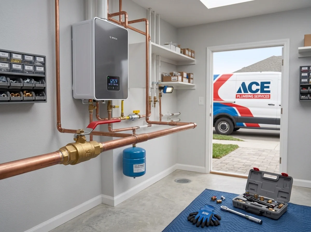 Wall-hung high-efficiency tankless gas water heater with copper connections in Taylors, SC