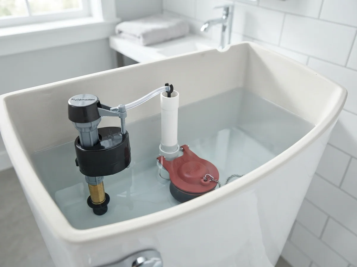 Porcelain toilet tank interior with modern fill valve and silicone flapper in Taylors, SC