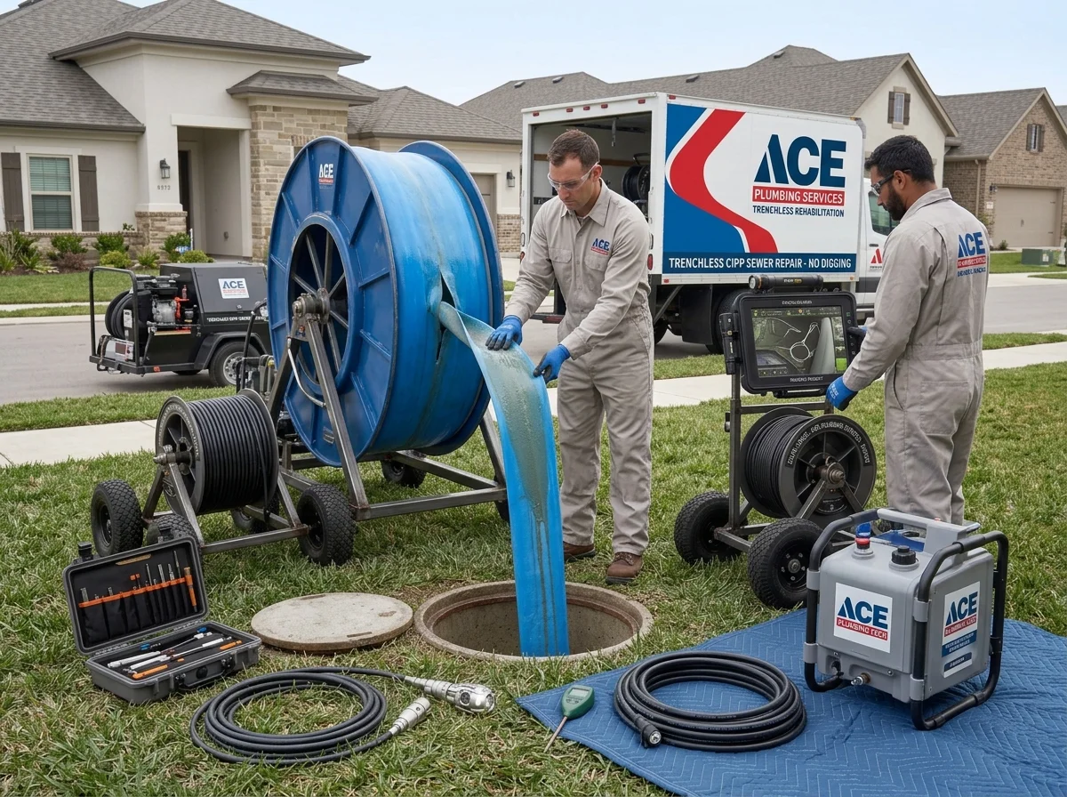 Trenchless CIPP epoxy relining sleeve inversion on a residential lawn in Taylors, SC