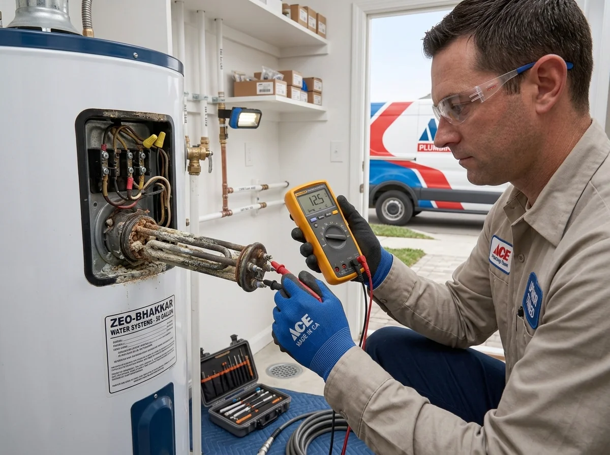 Plumbing technician diagnosing electrical heating element on a water heater tank in Taylors, SC