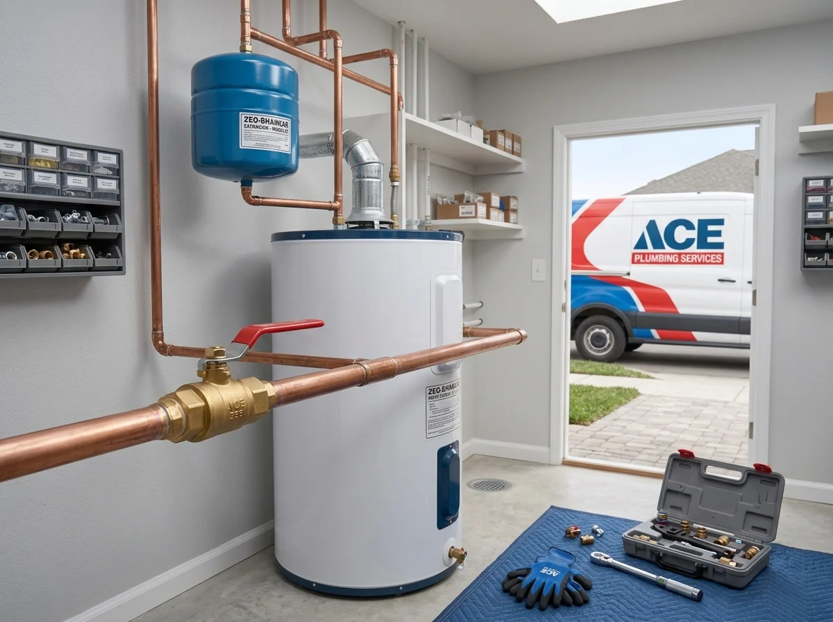 Brand new residential tank water heater with blue expansion tank in Taylors, SC